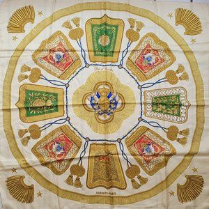 Auth Hermès Gold Poste et Cavalerie Silk Scarf 90 cm by Joachim Metz